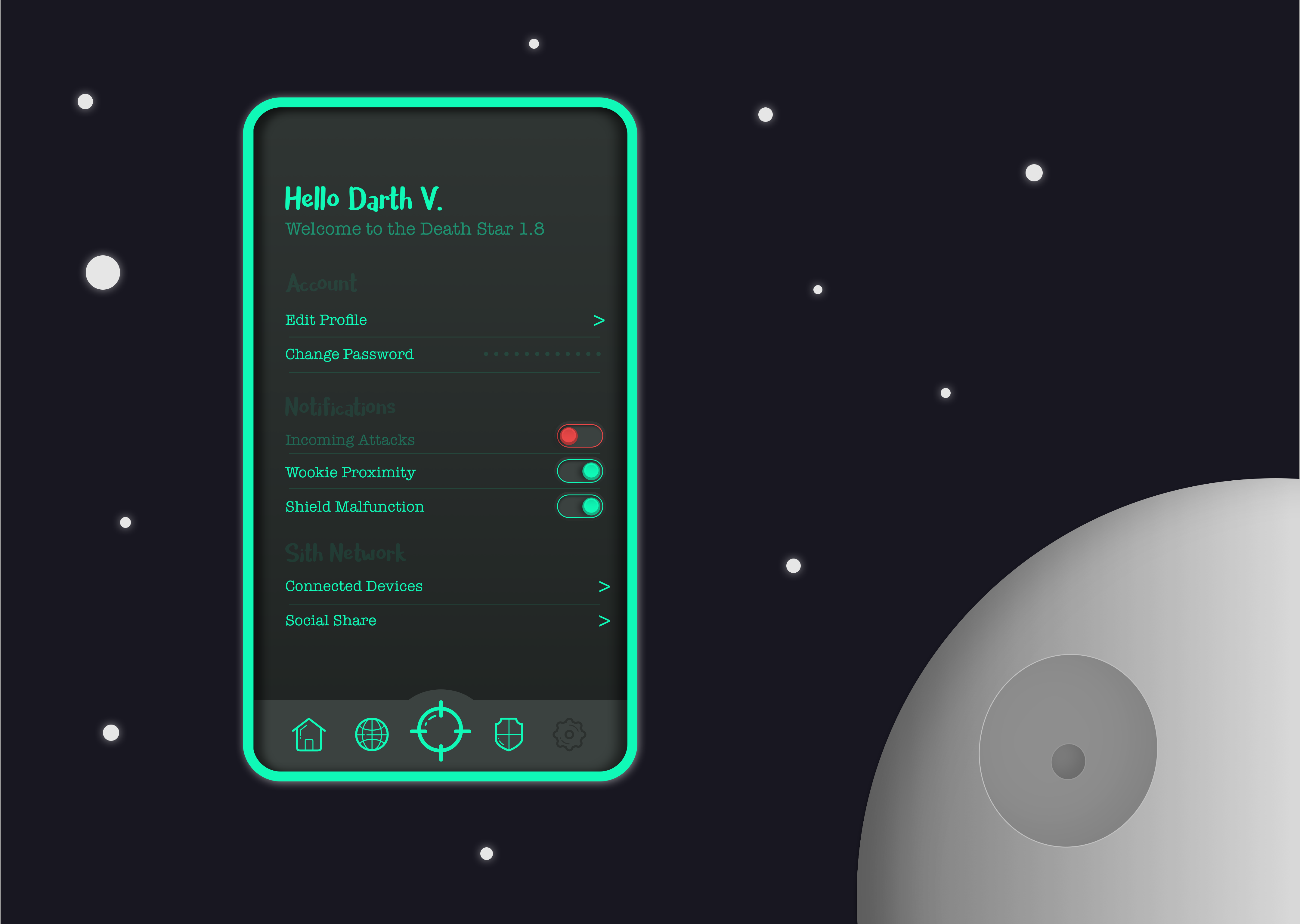 #DailyUI #007 Settings screen for the death star. You can use this iconset at: https://dribbble.com/shots/1882177-Free-Sketch-Icon-Set   Thanks Maximilian