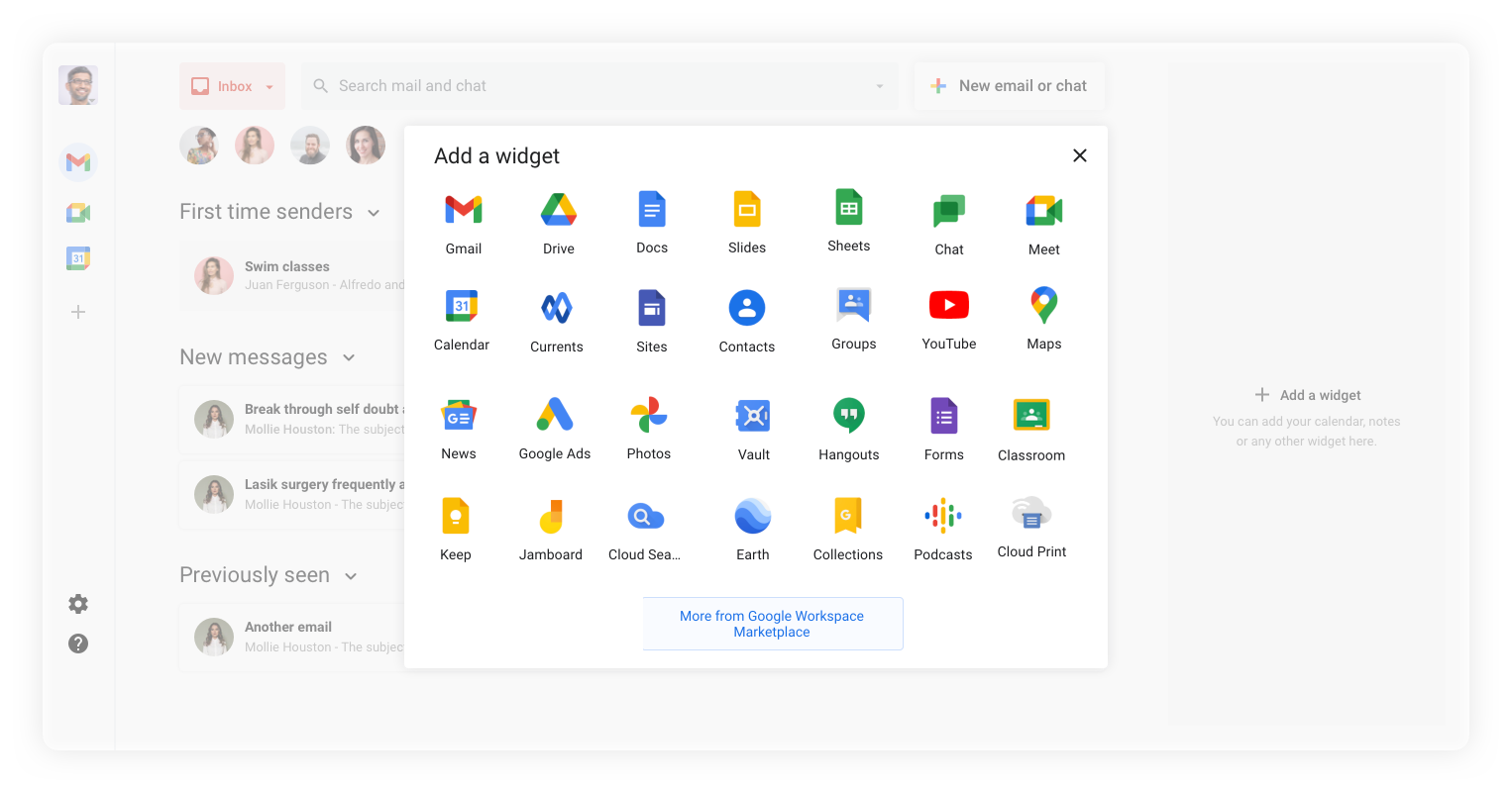Add a widget on your right, like a calendar or notes to work together with your email. This column has its own scroll.