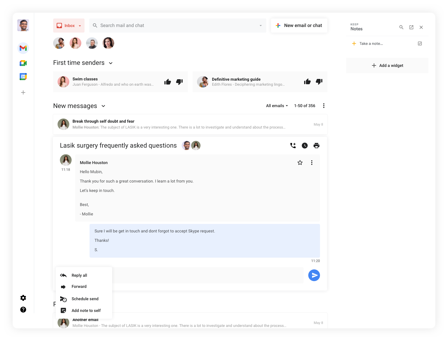 The email itself is organised as a message, with option to initiate a call with the particiants or leave a note for yourself